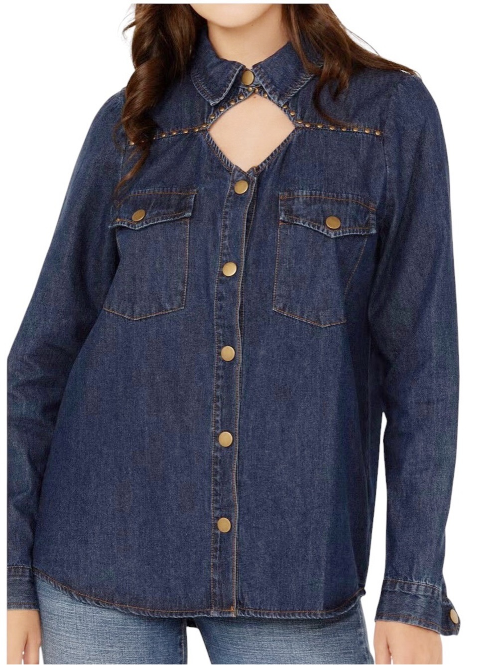 NEW blue b Medium Wash Gold Studded Keyhole Long Sleeve Denim Button Down Shirt - Picture 2 of 4